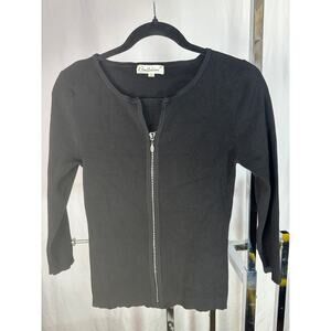 Vintage Women's Ribbed Y2K Rhinestone Zipper Goth Long Sleeve Cardigan Top | S